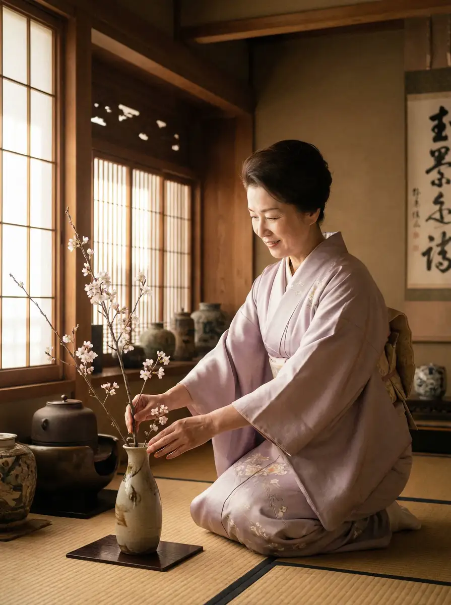 一位优雅的 成年人视频 在和室中插花